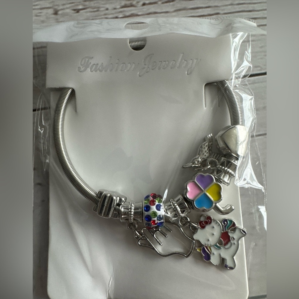 Sanrio Hello Kitty Charm Stretch‎ Bracelet Four Leaf Clover Unicorn Enamel NWT